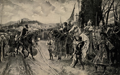 Capitulation of Granada by Francisco Pradilla Ortiz, 1882: Muhammad XII surrenders to Ferdinand and Isabella (from Spamers Illustrierte Weltgeschichte, 1894, 5[1], 20/21) - obrazy, fototapety, plakaty