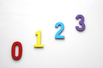  Zero to Three Multicolored number letters  are lined on White background with empty space. Education or business concept.
