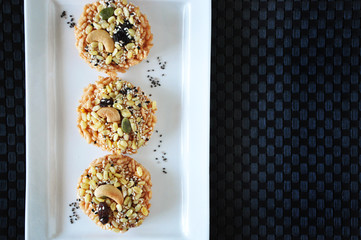Top view of Rice Cracker with Nuts and Grains