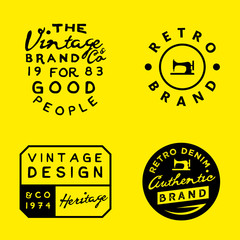 Vintage logo templates on yellow background. Vintage denim, clothing, apparel designs.