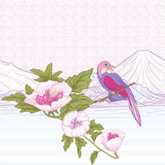 Flowers and bird and Mount Fuji. Seamless pattern, background. C