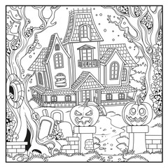 Halloween background with Witch house outlined for coloring page