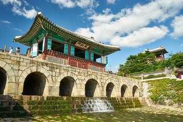 Fototapeta na wymiar Northern Floodgate of Hwaseong Fortress with Pavilion in Suwon City, South Korea