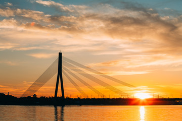 Fototapeta na wymiar Riga, Latvia. Vansu Cable-Stayed Bridge Over The Daugava River, 