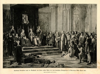 Columbus before the Catholic Monarchs of Spain after returning from his first voyage, Barcelona, april, 1493 (from Spamers Illustrierte Weltgeschichte, 1894, 5[1], 56/57)