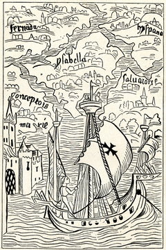 Columbus arrives to Antilles (from Spamers Illustrierte Weltgeschichte, 1894, 5[1], 58)