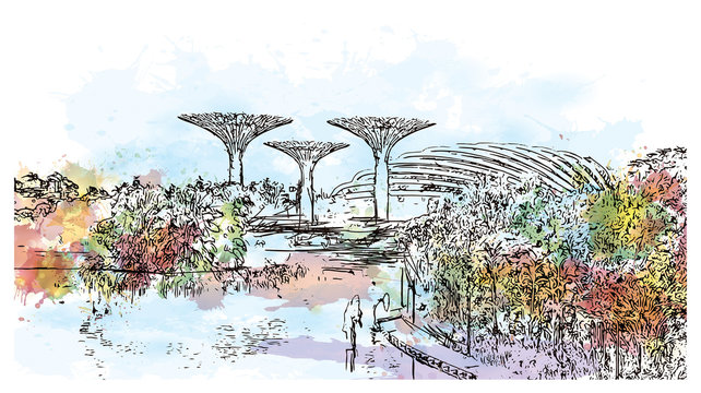 Watercolor sketch of Gardens by the bay in Singapore in vector illustration.