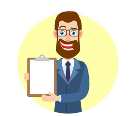 Hipster Businessman showing clipboard