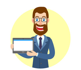 Hipster Businessman holding tablet PC with two hands