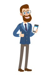 Hipster Businessman showing thumb up and holding mobile phone