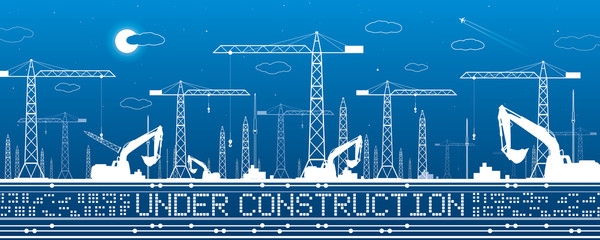 Under construction illustration. Development panorama, industrial landscape, building cranes, excavators, vector lines design art