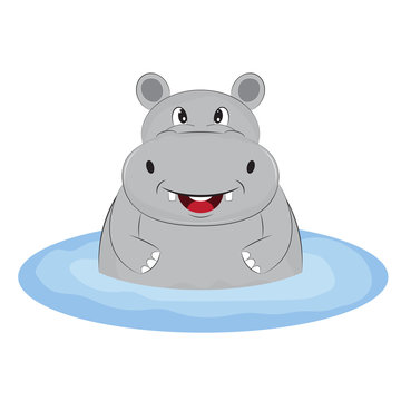 recommend clip art: Greeting card cute happy hippo  on the beach.  Illustration done in cartoon style.