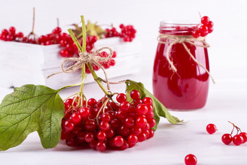 Glass jar of homemade viburnum jam with fresh berries  on white table.