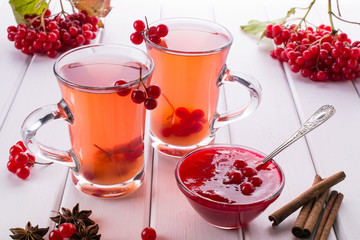 Hot spicy beverage with viburnum in glass cups  with fresh viburnum berries and cinnamon sticks, anise stars on a white kitchen table.  