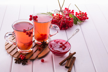 Natural Berry tea with a fresh viburnum berries and cinnamon sticks, anise stars