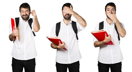 Student man covering his eyes, ears and mouth