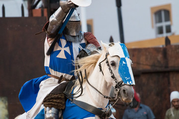 Medieval warrior in armor with horses on the middle of the arena.