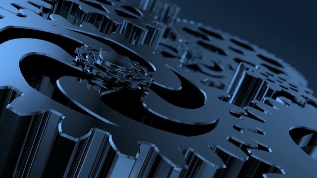 3d animation abstract background. Engineered mechanism with rotating parts and connections. Inside an engine. industrial process operation aggregates. Infinite rotation of motion mechanisms. Closeup
