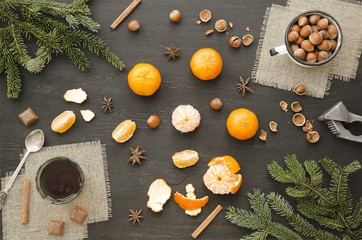Tea Party with chocolate, nuts and tangerines
