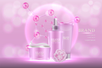 Cosmetic containers with advertising background ready to use, sweet pink skincare ad. Illustration vector