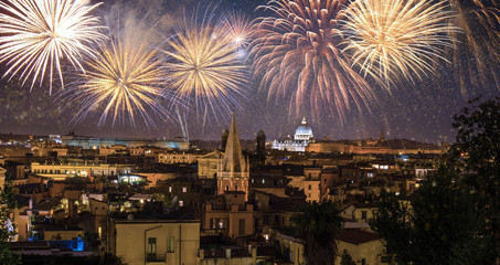 Night panorama with fireworks on the black sky. Rome, Italy