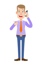 Businessman pointing his finger at the mobile phone that he talks