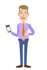 Businessman holding mobile phone and showing thumb up