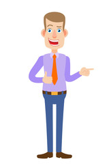 Businessman showing thumb up and pointing something beside of him