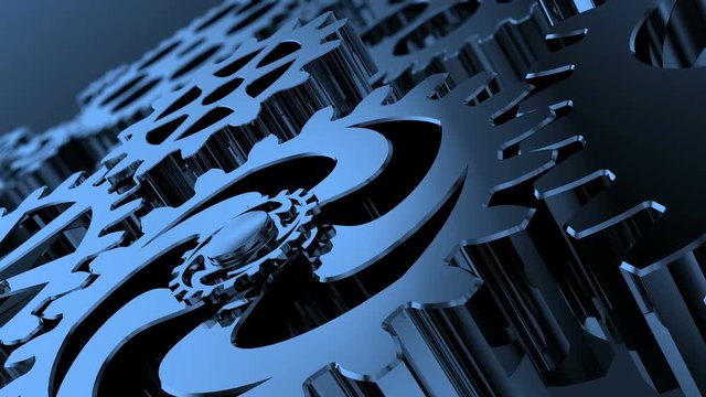 Isolated rotating blue gears. Movement of metal gears in a mechanical device. pinion mechanism. Mechanical Clockwork Brain with Moment of Inspiration. cogs animation. Work concept. Closeup