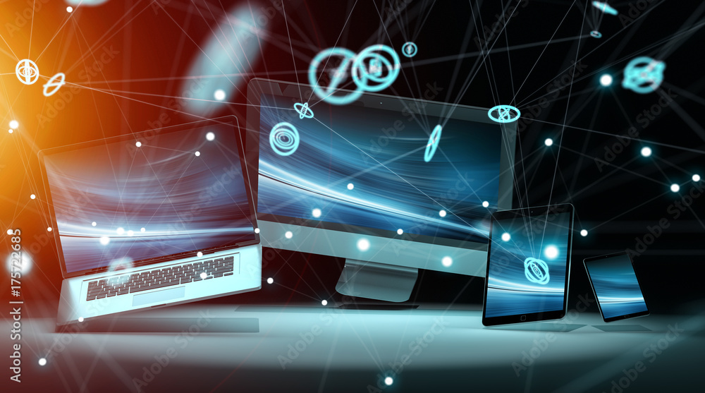 Poster modern digital tech device connected to each other 3d rendering