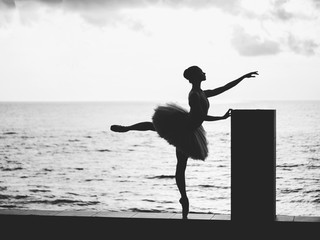 Silhouette of ballerina in ballet tutu and pointe on dramatic sky background. Young beautiful woman...