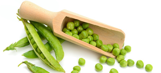 Green peas pods isolated on white