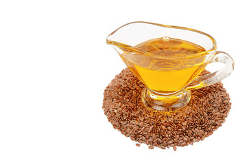 flax seeds and oil isolated on white background