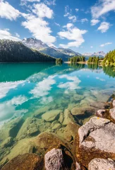 Fototapeten Toller Blick auf den azurblauen Teich Champfer. Lage Schweizer Alpen, Dorf Silvaplana, Bezirk Maloja, Europa. © Leonid Tit