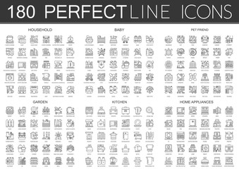 180 outline mini concept icons symbols of household, baby, pet friend, garden, kitchen, home appliances icon.