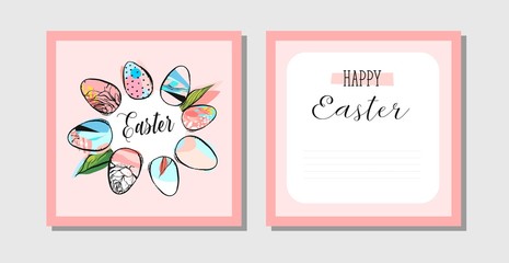 Hand drawn vector abstract creative Happy Easter greeting postcards design template with painted Easter eggs frame and Happy Easter phase in pastel colors.Design for invitation,decoration,sign