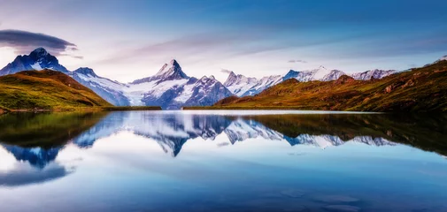 Fotobehang Panoramic view of the Mt. Schreckhorn and Wetterhorn. Location Bachalpsee in Swiss alps, Grindelwald valley, Europe. © Leonid Tit
