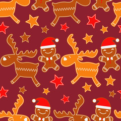 Christmas Gingerbread reindeer. Seamless background. Gingerbread pattern. Cute cartoon Gingerbread. Textile rapport.