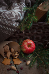 Red and yellow apple on a branch of a Christmas-tree near the basket with woolen sweater and an old book