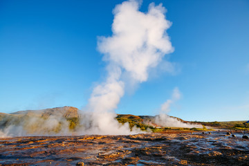 Fototapeta premium Great view of Strokkur geyser. Location place Geyser Park, Hvita river, Haukadalur valley area, Iceland. Europe.