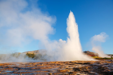 Great view of Strokkur geyser. Location place Geyser Park, Hvita river, Haukadalur valley area, Iceland. Europe.