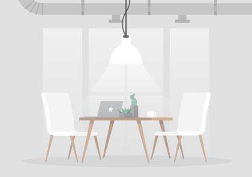 Loft interior, vector illustration. Light grey colours and minimalistic furniture. Empty space, no people. Flat editable vector illustration, clip art.