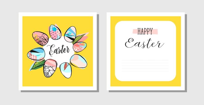 Hand drawn vector abstract creative Happy Easter greeting postcards design template with painted Easter eggs frame and Happy Easter phase in yellow colors.Design for invitation,decoration,sign,sale.