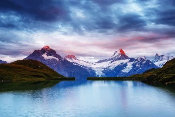 Fotobehang Great view of Mt. Schreckhorn and Wetterhorn above Bachalpsee lake. Location place Swiss alps, Grindelwald valley, Europe. © Leonid Tit