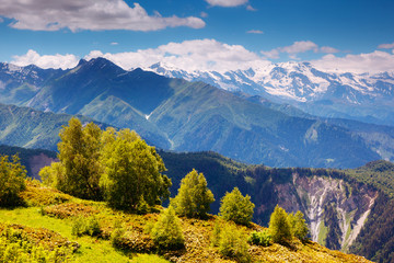Fantastic panorama on the High Caucasus ridge in the morning light. Location place Svaneti, Mestia, Georgia, Europe.