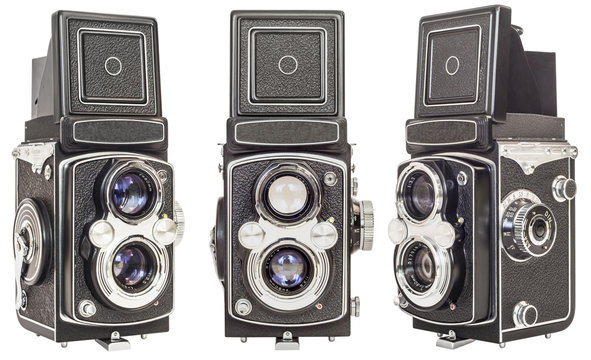 Three Same Make Old Twin Lens Reflex Cameras Isolated On White Background
