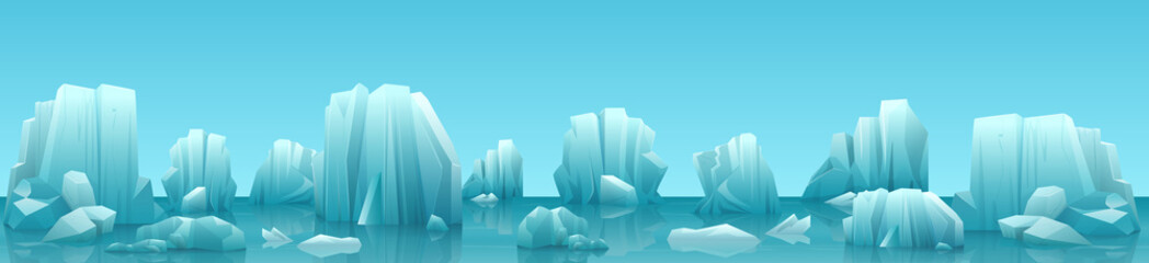 Vector wide web banner illustration of arctic landscape with icebergs and mountains. Winter panorama background. © lembergvector