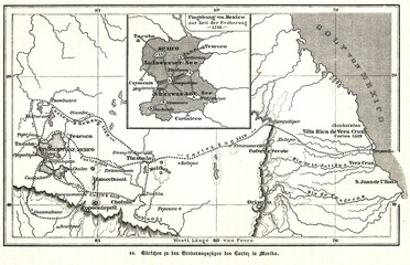 Cortés's invasion from the coast to the Tenochtitlan (from Spamers Illustrierte Weltgeschichte, 1894, 5[1], 85)