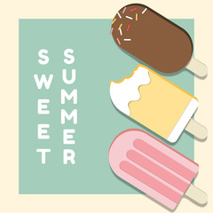 Chocolate, vanilla and strawberry flavor Ice pops/ ice cream poster, paper craft/paper cut style
