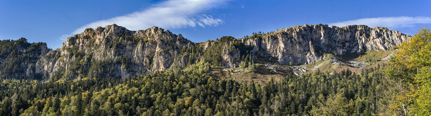 panoramic photo of the mountain range of the Stone sea, mountain Nagoy - Kosh altitude 2090 meters above sea level. The Adygea Republic, the Western Caucasus